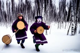 Northern Native man. Two haunted kid running in the background, indigenous, birch-bark face-cover, Kekripukki, carrying drums made of birch-park, Scary Horns, Midwinter, Ghost, Mystic, Haunted Children, The children are dead, Witch, Wizard, Sage, Traditional Costumes, Full Face Painted with purple and green. Arctic Hills, Strange trees, Haunting Atmosphere, Crazy, North-Carelia, Karelia, Karjala, Karjalainen, traditional Carelian costumes, black tears,