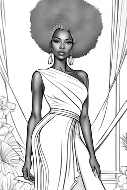 Coloring page of a elegant fashion model black woman with afro, dynamic poses, full body portrait, thick and clean lines, clean details, ar 2:3, no-color, coloring page style, no-turban, coloring page style, non background, non color, non shading, non greyscale