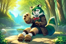 Girl, green hair, raccoon tail, raccoon paws in hand, raccoon paws in foot, forest, river, sit on tree, coat on neck, with tongue out, big tail, furry