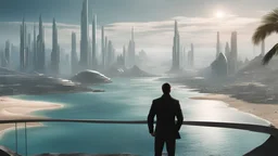 man overlooking a futuristic sci-fi city following the long curve of a long sandy bay with futuristic piers stretching out into the water