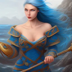 norse goddess of sea, Ran, blue hair, blue dress, ocean