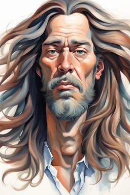 This image depicts a lifelike caricature of a man with long hair. The man is the central figure in the picture, taking up most of the space, with his features and hair color against a white background. The image has an artistic style that leans toward abstraction, making it an interesting piece of art. The man's face is one of the most dominant aspects of this image. His facial features are emphasized, and a lot of character is shown, which is typical of anime drawings. This photo doesn't h