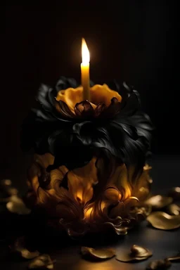 magic vintage candle made of whirlwinds, golden black, close-up, petals, realistic, botanical