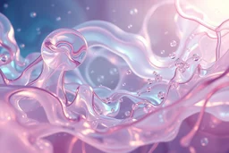 A soft, dreamy generative-art scene featuring complex hypnotic fractal structures evolving through fluid organic and geometric forms. Smooth translucent iridescent glass surfaces contain internal light and delicate bubbles, set agai