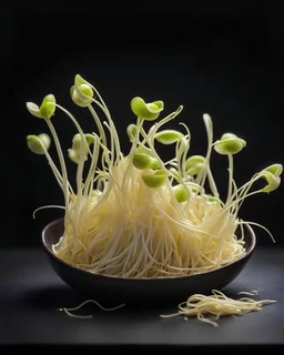 Bean Sprouts ready to eat for food. black background. Photography with good lighting. Realistic photo. HD. Glowing. 3d style