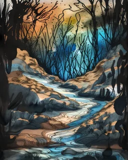 Perchance : Surreal, expressive nature sketch in a relaxed watercolor and ink style. Fast, shaky black ink contour lines with frequent breaks, intersections, and varying thickness. Watercolor washes of ochre, terracotta and powder blue are loosely applied, often deliberately misaligned with ink borders to create a sense of movement. Visible cold pressed paper texture and ample white space. Subject: forest detail, trees, undergrowth, stream with rocks, waterfall. Deep, atmospheric shadows in the