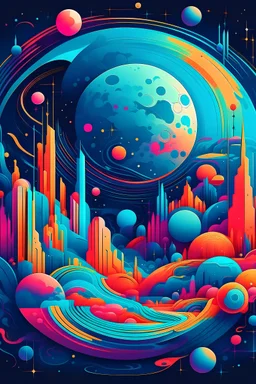 Generate a vivid and psychedelic illustration of the moon, infused with futuristic elements and vibrant colors