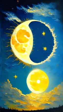 impressionism-style painting of the sun and the moon in the same sky with stars