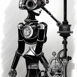 great illustrator, spanish, pencil sketch of a cute girl, beautiful, steampunk syle, black and white. Helmet with tubes. venetian dress. Machinery in the background. robotic bird fkying. High details.