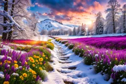 a field filled with lots of flowers next to a forest, footsteps in the snow, splashes of colors, path, very attractive and beautiful clouds, ( land ), pathway, color splashes, beautiful view, soft edges, stunning screensaver.