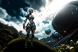 Wide-angle photo of a slim sci-fi woman with blond hair, wearing a silver and black futuristic android-like spacesuit, standing on an alien cloud tree jungle planet