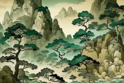 Dark sepia semi-desert grounds with jade geodes designed in Chinese paper art painted by Alfred Sisley