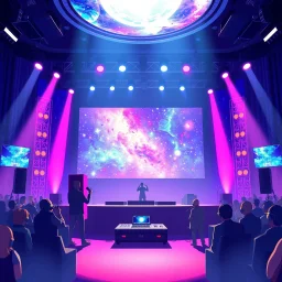 poster for a party with anime music videos galaxy theme dj on stage with big screen