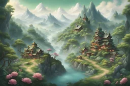 This fairyland map depicts a wonderland nestled between green mountains and green waters. In the picture, the distant mountain peaks are cloudy and mist, like a giant dragon entrenched in the sky. Below the mountain is a dense forest, with emerald green leaves and flowers forming a beautiful landscape. Walking up the mountain road, you can see a quaint pavilion next to a crystal clear stream with a variety of brightly colored fish swimming in the water. In the pavilion sits a fairy dressed in go