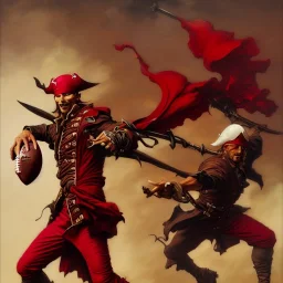 A pirate in dark red armor, throwing a football, style by peter mohrbacher, donato giancola, joseph christian leyendecker, wlop, boris vallejo