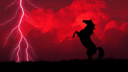 full silhouette of a horse rearing up(on left side, outlined by lightning), red cloudy sky, lightning bolts(from top to bottom left), digital painting