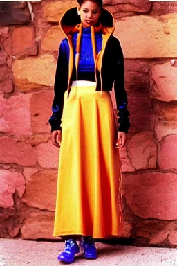 year 1996 fashion. Straight skirt, low waist. Combat hoodie with long tippet, which continues to the hood. Colors: denim blue, blue, purple, cream, khaki, "pastel green", lilac, plum, orange, terracotta, red, light yellow, pink, dark blue, beige. Latex in small part. Sturnus vulgaris pattern prints.. bridget jones and jennifer lopez. Hoodie.