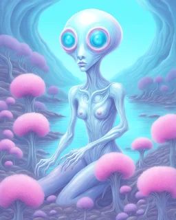 an ethereal alien creature with three eyes, with several extra limbs and slender composition, is i transitioning wild landscape full of flowers , highly polished, chrome airbrush style, dreamlike composition, color penciling color palette, surrealistic retro-futurism, fantasy, vintage scifi, psychedelic aesthetic, Camilla d'errica, pop surrealism, highly detailed, arthur lismet, artstation, 1960s psychedelic drawing, smooth