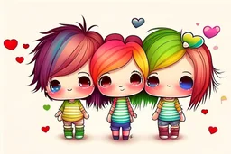 cute rainbow chibi girl and boy and hearts