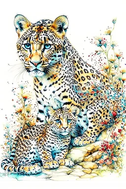 Leopard with cub in watercolour,elegant extremely detailed intricate hyperdetailed vibrant beautiful award winning colourful very cute line art Arthur Rackham Watercolour Tim Burton elaborate Anton Pieck pastel colours Thomas Wells Schaller Watercolour and ink