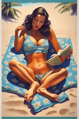 beautiful woman on her stomach, face towards viewer, elbows on beach towel, feet bottoms upward, while reading a book, lowbrow silkscreen poster by artist Rockin' Jellybean