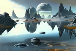 Alien landscape with one grey exoplanet in the horizon, pond, water reflection, rocky landscape, sci-fi, tendency to impressionism, realistic painting