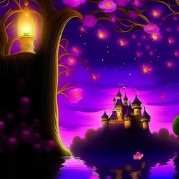 invitacion fondo color morado luces flotantes de rapunzel y flor mágica enredado y castillo