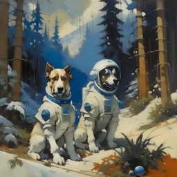 cute humanoid dogs in space suits, snowy pine forest, john berkey