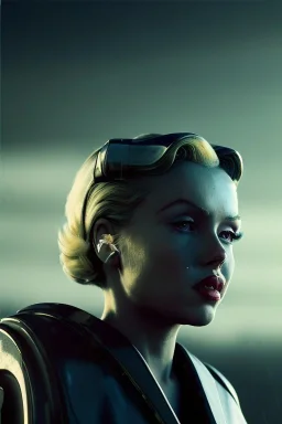 Ultra Realistic retro sci-fi scene, portrait, blonde woman, sweet young Marilyn Monroe face, perfect iris, tight latex coat, Strange planet background, Retro sci-fi style helmet, fog, rain, soft color, highly detailed, unreal engine 5, ray tracing, RTX, lumen lighting, ultra detail, volumetric lighting, 3d, finely drawn, high definition, high resolution.