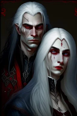 A couple, from the dnd game curse of Strahd. The woman has long white hair and blue eyes, the man has LONG BLACK hair and red eyes, no facial hair.