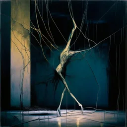 Minimal abstract oil painting of a dancer twisted limbs sinew. Amongst concrete fragments brutalist architecture and hanging wires illuminated at night. In the style of Justin Mortimer and Francis bacon