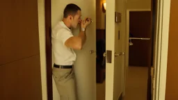 guy sniffs numbers on his hotel room door