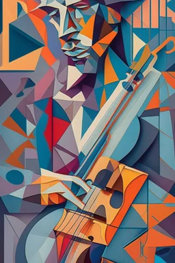 A captivating, cubist-inspired portrait of a musician playing their instrument, using fragmented shapes, lines, and a harmonious color palette to deconstruct the subject's features and express the rhythm and emotion of their music.