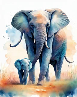 a large female elephant and her cuddling calf walking across a grass covered field, front view, low angle, strolling dynamics, perfect anatomy, slow-mo running in savanna, Africa, watercolor, tint leak, hazy, colors of blue, indigo, teal and orange