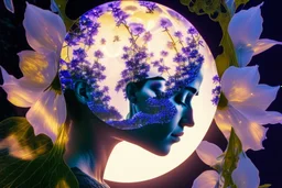 double exposure, merged layers, praying woman silhouette in backlit, glass and gemstone moonflowers bathing in the light from a full moon, rocks, water, amazing night sky, glowing flowers, vines, large stars highly detailed extremely detailed fantasy photorealistic beautiful high detail award winning hyperrealistic ultra detailed high definition crisp quality Jacek Yerka Ultra realistic Dominic Davison