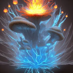 Spherical Frost metal magic armoured lightning Mycelium giant blob MUSHROOM flower erupting with BLUE FLAMES hellfire abyss stars SPACE lANDSCAPE