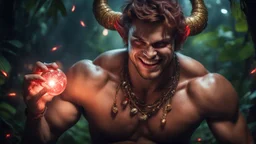 HYPER REALISTIC PHOTOGRAPHIC Middle Angle View Of A Handsome Muscular Young Man With Ritualistic Costume With Bone Necklace Unleashing Glowing Magic Balls, With A Fierce Devilish Smiling Expressions On His Face With Glowing Red Eyes With Short Messy Maroon Hair & Golden Horns In A Dark Dense Jungle At Dark Night With Fireflies Showing Dramatic & Cinematic Ambiance