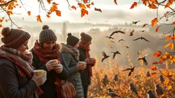 Autumn: falling leaves, Misty mornings, fog over distant fields or forests, sunshine; people wearing scarves, woolly hats, gloves, holding steaming mugs of hot drinks; chestnuts, acorns, berries, rowan, holly; flocks of birds migrating; squirrels gathering nuts; beautiful colours, atmospheric. Award winning photograph.