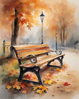 Masterpiece, best quality, watercolor painting style, Willem Haenraets style painting of wooden bench in autumn park, painted by Willem Haenraets, wooden bench in the park, autumn, falling autumn leaves, autumn trees, high detailed, high quality, 4k