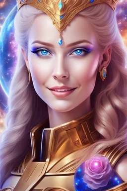 cosmic woman smile, admiral from the future, one fine whole face, crystalline skin, expressive blue eyes,rainbow, smiling lips, very nice smile, costume pleiadian, Beautiful tall woman pleiadian Galactic commander, ship, perfect datailed golden galactic suit, high rank, long blond hair, hand whit five perfect detailed finger, amazing big blue eyes, smilling mouth, high drfinition lips, cosmic happiness, bright colors, blue, pink, gold, jewels, realist, high commander