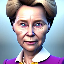 Ursula von der Leyen, 3d animation, Pixar Studio movie style, pixar's UP style, rounded face, laughing wrinkles, eye wrinkles, big circular reflective eyes, exaggerated cheekbones, huge forehead, huge haircut, unreal engine cinematic smooth, cartoonish, portrait of a politician,