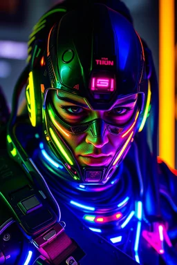 A cyberpunk warrior with neon lights reflecting in their cybernetic enhancements.