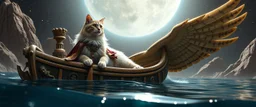 a blonde fluffy quickling egyptian bald cat that looks like the opposite of a vampire in bunad leaning on statue of twister interdimensional sci fi boat gliding through space waters under the biggest owl