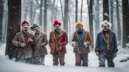 In a mesmerizing combination of brilliant and fading shades, photorealistic,a high-quality,ultra photo-realistic realism image, a group of badly dressed and poor looking ugly clowns, hyper realistic, 35mm, F1.8, heavy snow flakes, IPA photograph of the year winner, in a forrest, intricate detail, Sharp focus, in the light of a scary full moony, reflections on large puddles, super sharp,