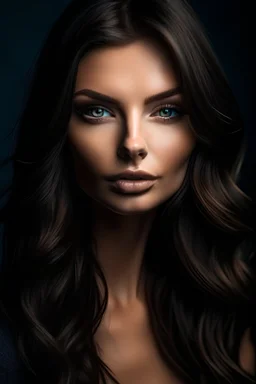 frontal beautiful caucasian woman, face mix from Gabbie Carter, Darcie Dolce, Veronica Zemanova, Marie Brethenoux with very soft and smooth edges, young version 25 years, prominent cheekbones, southern exotic dark hair