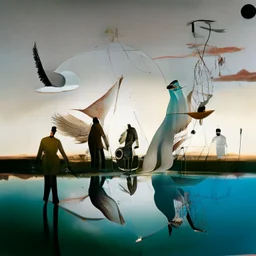 dusk landscape with lake,boat and human body, universe-like Soap Bubble,complex surgical instruments mixed with human body-like musical instruments,minimalism,Painting By Adrian Ghenie, Rene Magritte, Salvador Dali, Lucian Freud