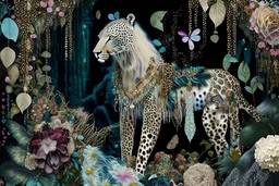 A beautiful fairytale magical composition of a rainforest with a waterfall, a masterpiece, patchwork-like, made of different materials: tulle embroidered with precious stones, lace and real pearls, silk, velvet, burlap, faux fur with leopard print. Unicorn, flowers