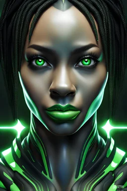 headshot of a beautiful symmetric black female, green glowing eyes, white background, ultra realistic, highly detailed, hd, sharp focus, cinematic lighting, realistic, photorealistic, vivid colors, painting, photograph, photoshoot, digital art, non blurry, sharp, artstation, concept art, smooth, illustration