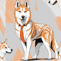 Impresionante perro Husky siberiano humanoide de arte lineal, traje , corbata, cuerpo completo, colores blanco y anaranjado, calidad ultra, 8k