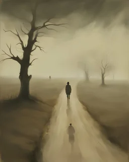 A man, a teacher, walks away through a barren, dry field along a dusty road. The scene is enveloped in mist and fog, with leafless trees lining the path. The sky is ominously dark from an approaching storm. The composition is captured from a ground-level perspective, inspired by the styles of Adrian Ghenie and Lucian Freud. The color palette includes shades of grey, black, brown, and ochre, emphasizing a moody, somber atmosphere. The man’s figure should appear introspective and slightly obscured